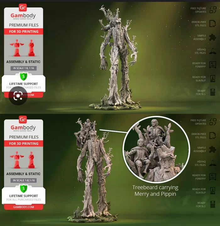 Treebeard carryng Merry and Pippin